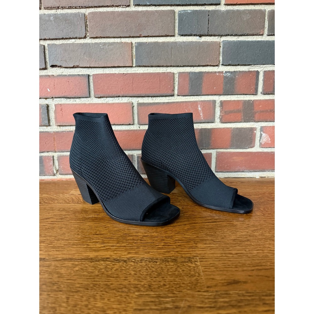 Eileen Fisher Purl Knit Booties Black Stretch Open Toe Chic Luxe Women's 9
